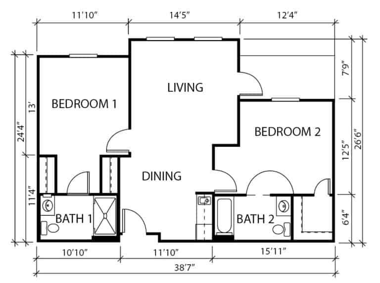 Independent living two-bedroom, two-bathroom with patio apartment floor plan in Plano, Texas.