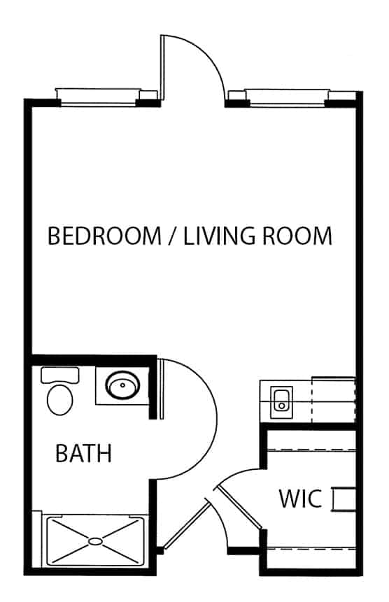 Independent living studio apartment floor plan in San Antonio, Texas.