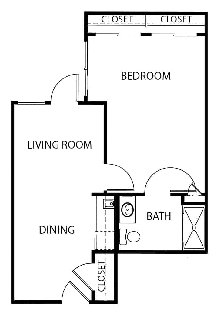 Independent living one-bedroom, one-bathroom apartment floor plan in San Antonio, Texas.