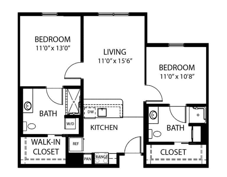 Independent living two-bedroom, two-bathroom apartment floor plan in Dayton, Ohio.