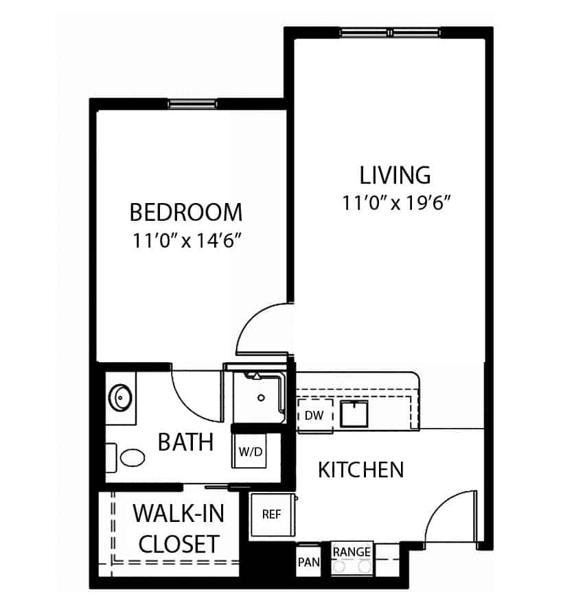 Independent living one-bedroom apartment floor plan in Dayton, Ohio.