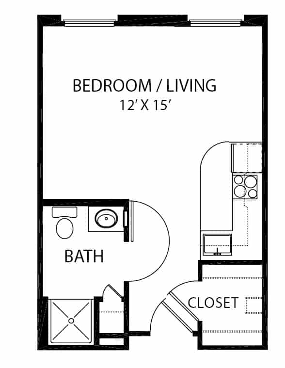 Assisted living studio apartment floor plan in Richardson, Texas.