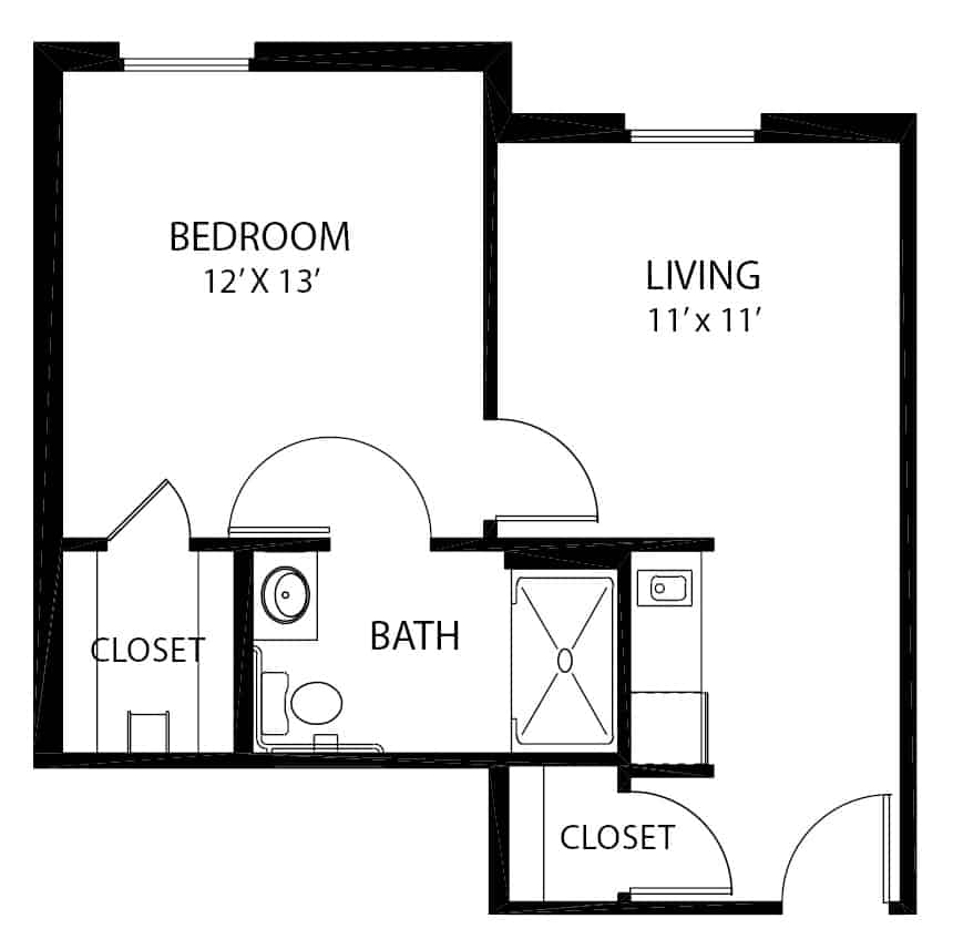 Assisted living one-bedroom apartment floor plan in Richardson, Texas.