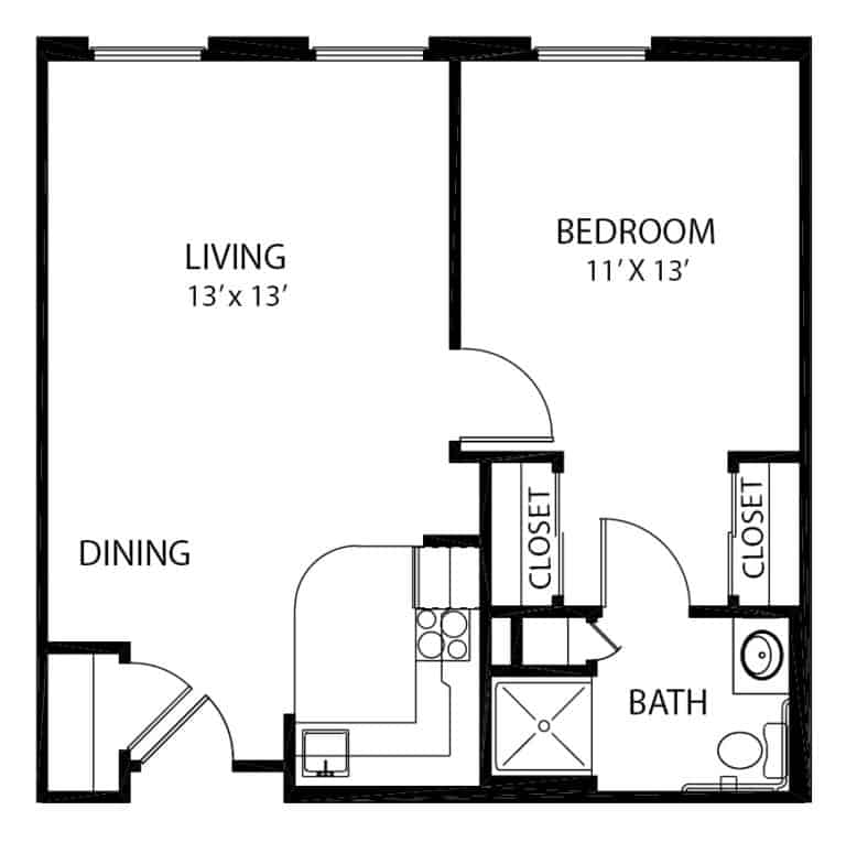 Independent living one-bedroom apartment floor plan in Richardson, Texas.