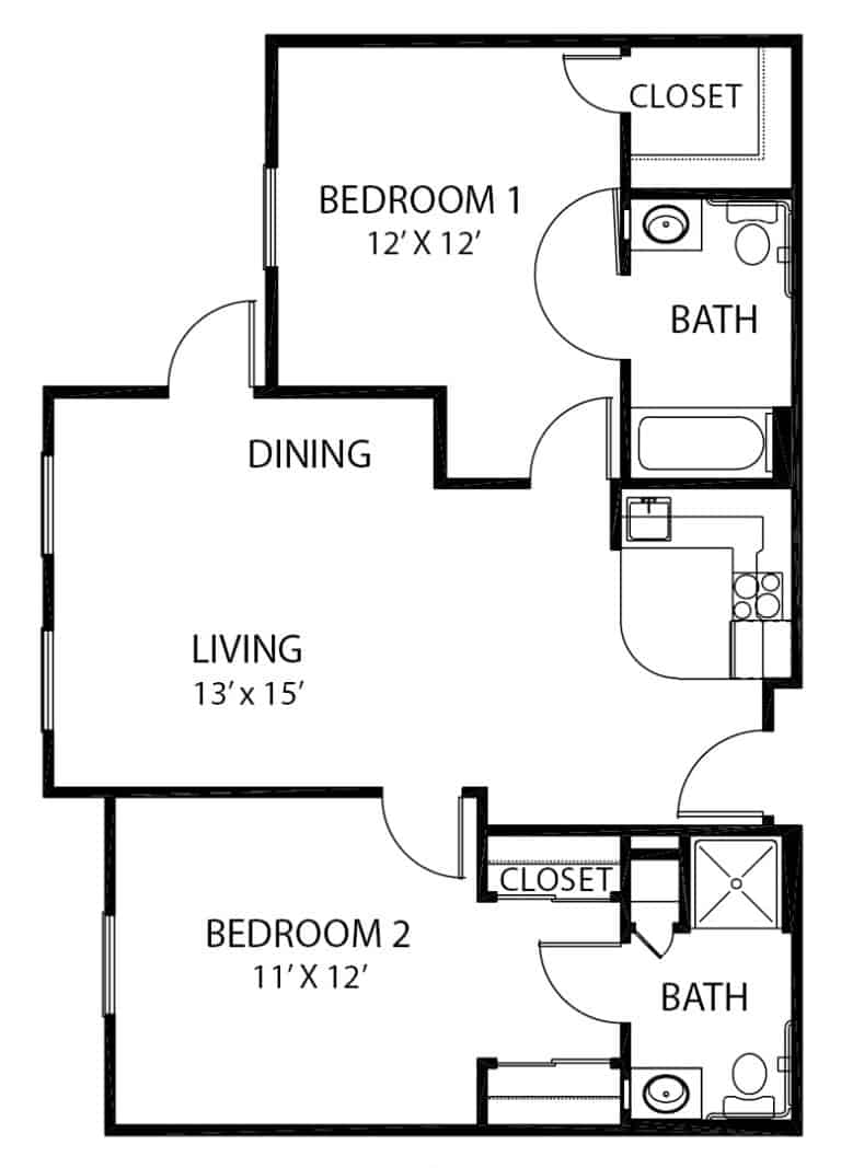 Independent living two-bedroom apartment floor plan in Richardson, Texas.