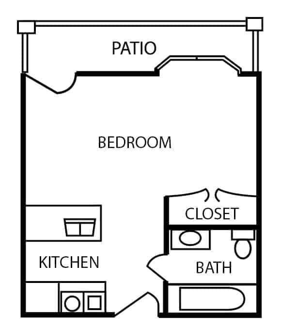 Assisted living studio apartment floor plan in Conroe, Texas.