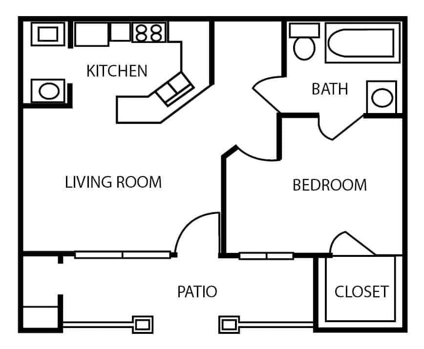 Independent living one-bedroom apartment floor plan in Conroe, Texas.