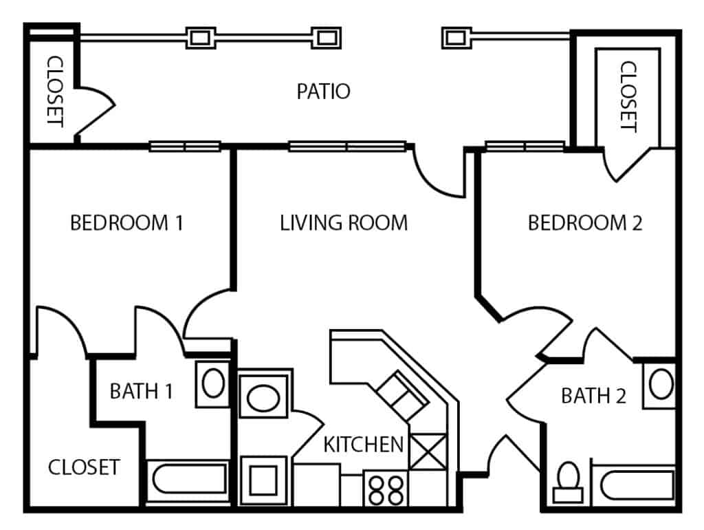 Independent living two-bedroom, two-bathroom apartment floor plan in Conroe, Texas.