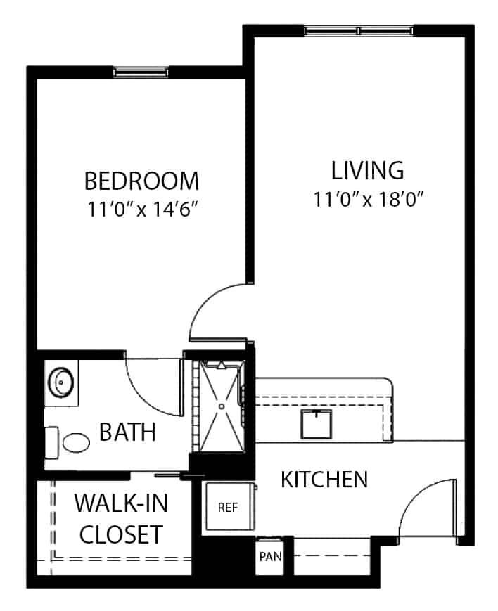 Independent living one-bedroom apartment floor plan in Dayton, Ohio.