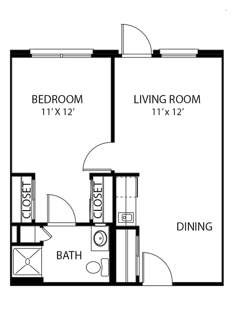Independent living one bedroom apartment floorplan in North Richland Hills, Texas.