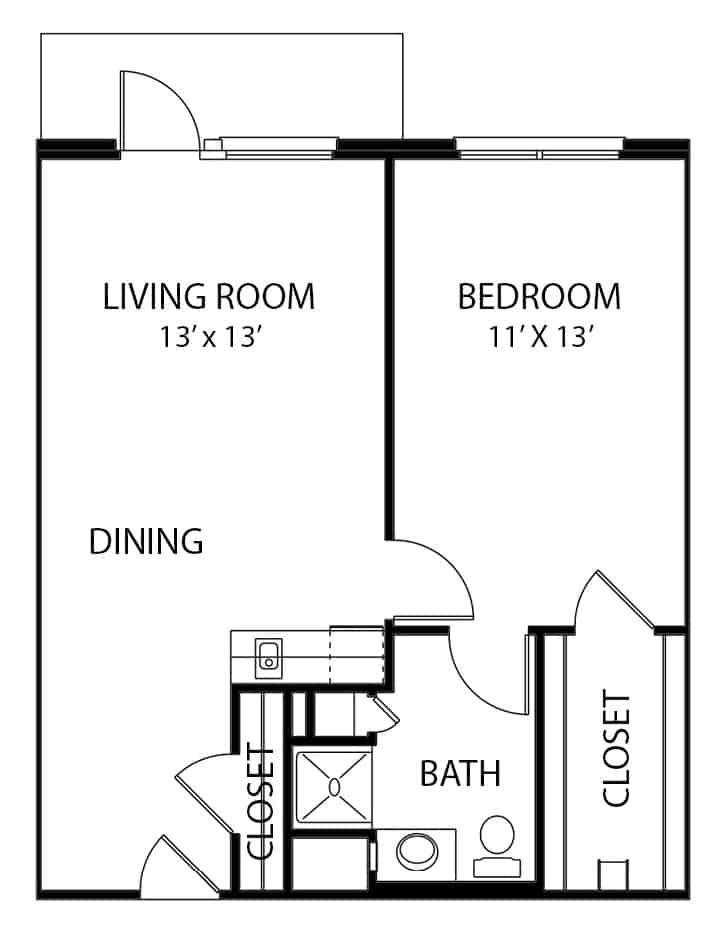 Independent living one-bedroom, one-bathroom apartment floor plan in North Richland Hills, Texas.
