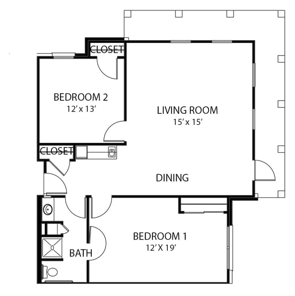 Independent living two-bedroom, one-bathroom apartment floor plan in North Richland Hills, Texas.