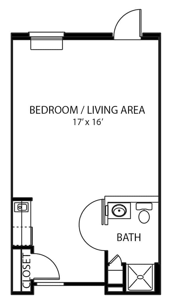 Independent living studio apartment floorplan in North Richland Hills, Texas.