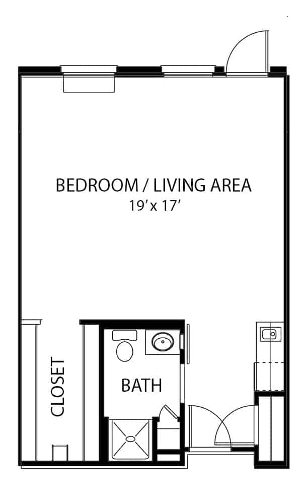 Independent living studio apartment floor plan in North Richland Hills, Texas.