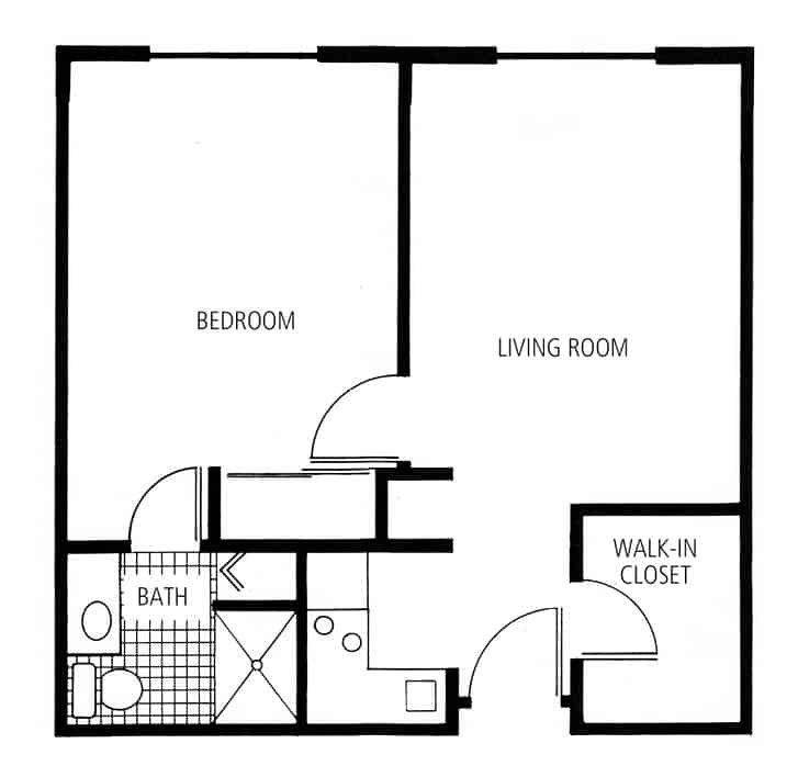 Senior living one bedroom, one bathroom apartment floor plan in Hot Springs, Arkansas.