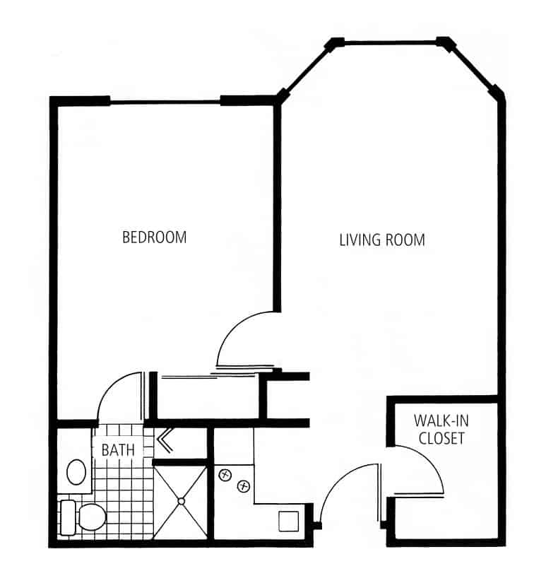 Senior living one-bedroom, one-bathroom apartment floor plan in Hot Springs, Arkansas.