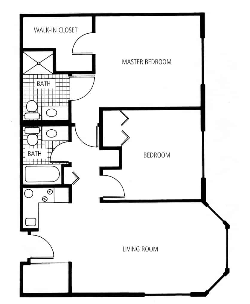Senior living two-bedroom, two-bathroom apartment floor plan in Hot Springs, Arkansas.