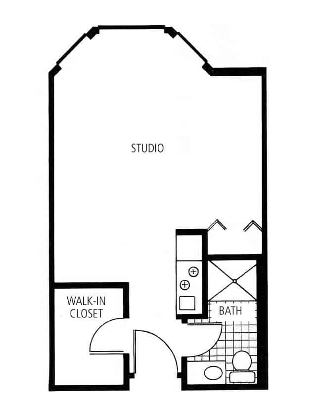 Senior living studio apartment floor plan in Hot Springs, Arkansas.