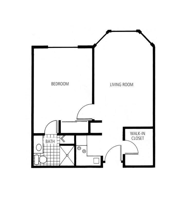 One-bedroom apartment floorplan with living room, bathroom and kitchenette at a senior living community in Hot Springs, Arkansas.