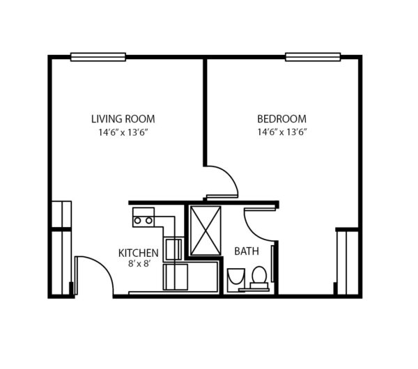One-bedroom apartment floorplan with living room, bathroom and kitchen at a senior living community in Columbiana, Ohio.