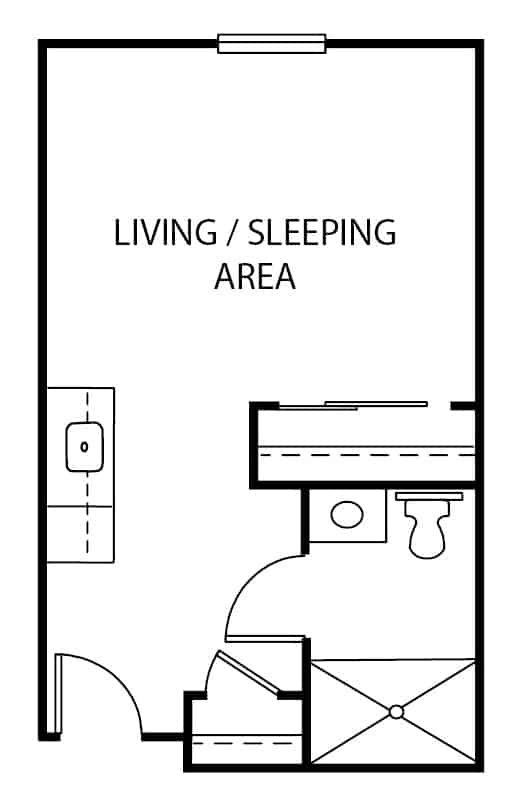 Assisted living studio apartment floor plan in Keller, Texas.