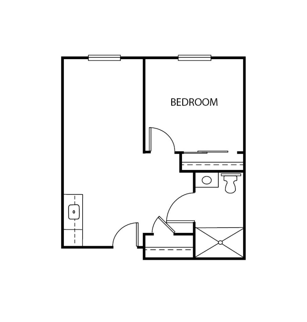 One-bedroom apartment floorplan with living room, bathroom and kitchenette at a senior living facility in Keller, Texas.
