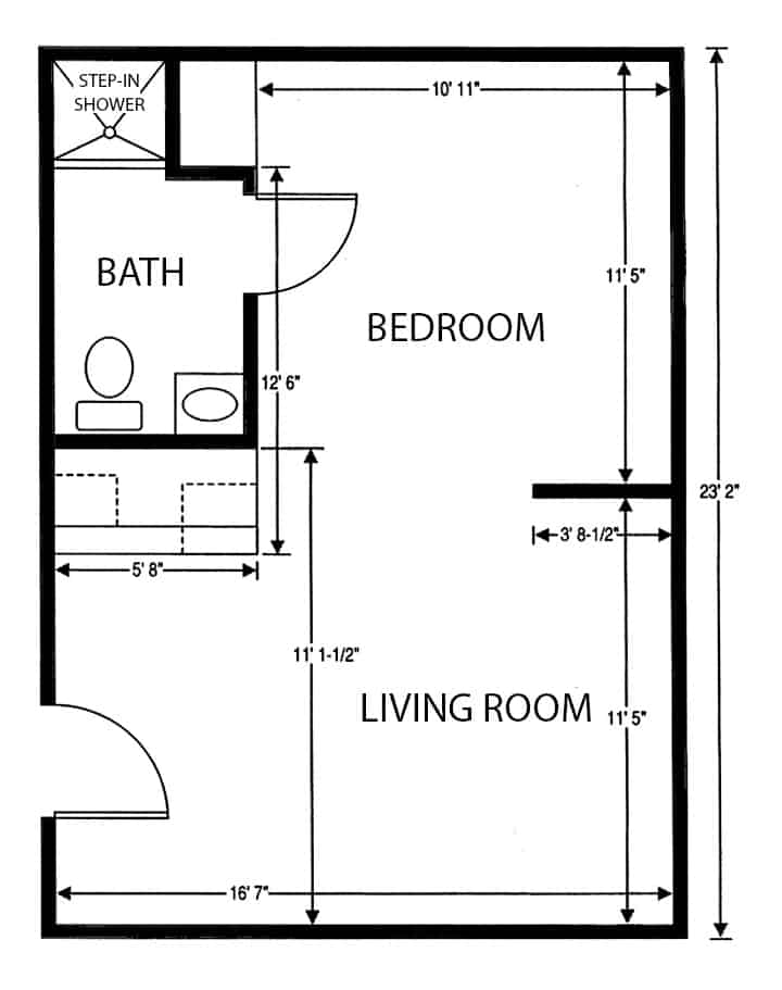Assisted living one-bedroom apartment floor plan in Columbus, Ohio.