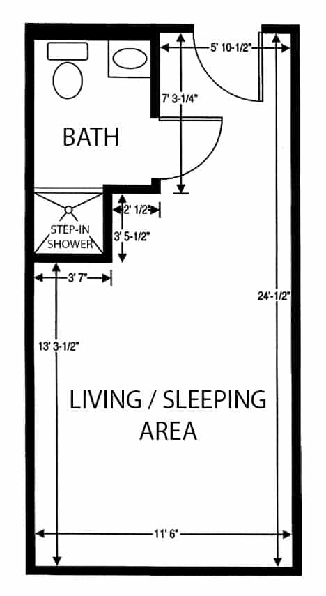 Assisted living studio apartment floor plan in Columbus, Ohio.