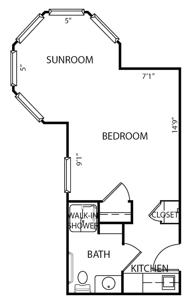 Assisted living one-bedroom with turret apartment floor plan in Hamilton, Ohio.