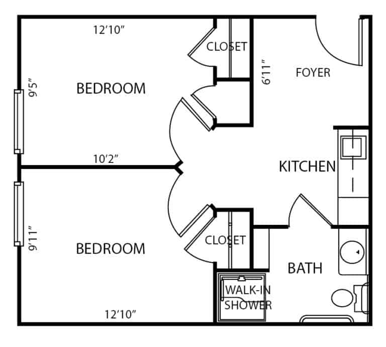 Assisted living two-bedroom, one-bathroom apartment floor plan in Hamilton, Ohio.