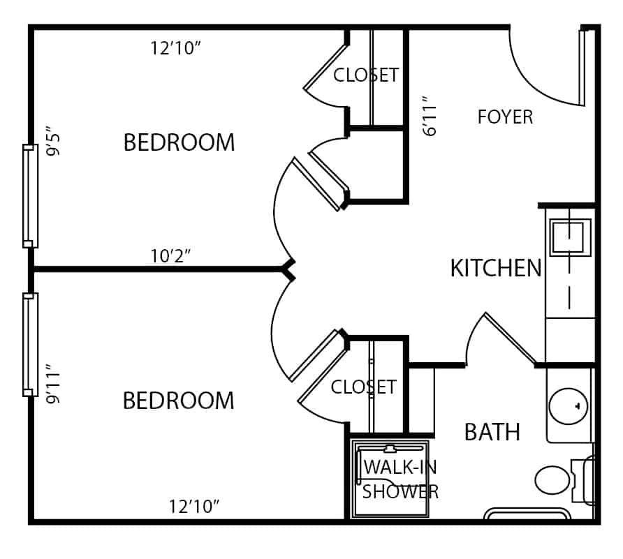 Assisted living two-bedroom, one-bathroom apartment floor plan in Hamilton, Ohio.