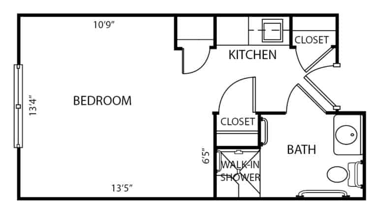 Assisted living studio apartment floor plan in Hamilton, Ohio.