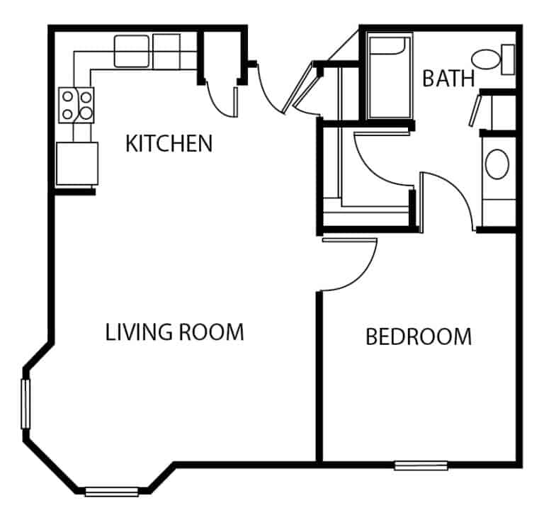 Assisted living one-bedroom apartment floor plan in Rochester, Indiana.