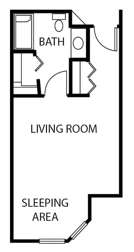 Assisted living studio apartment floor plan in Rochester, Indiana.