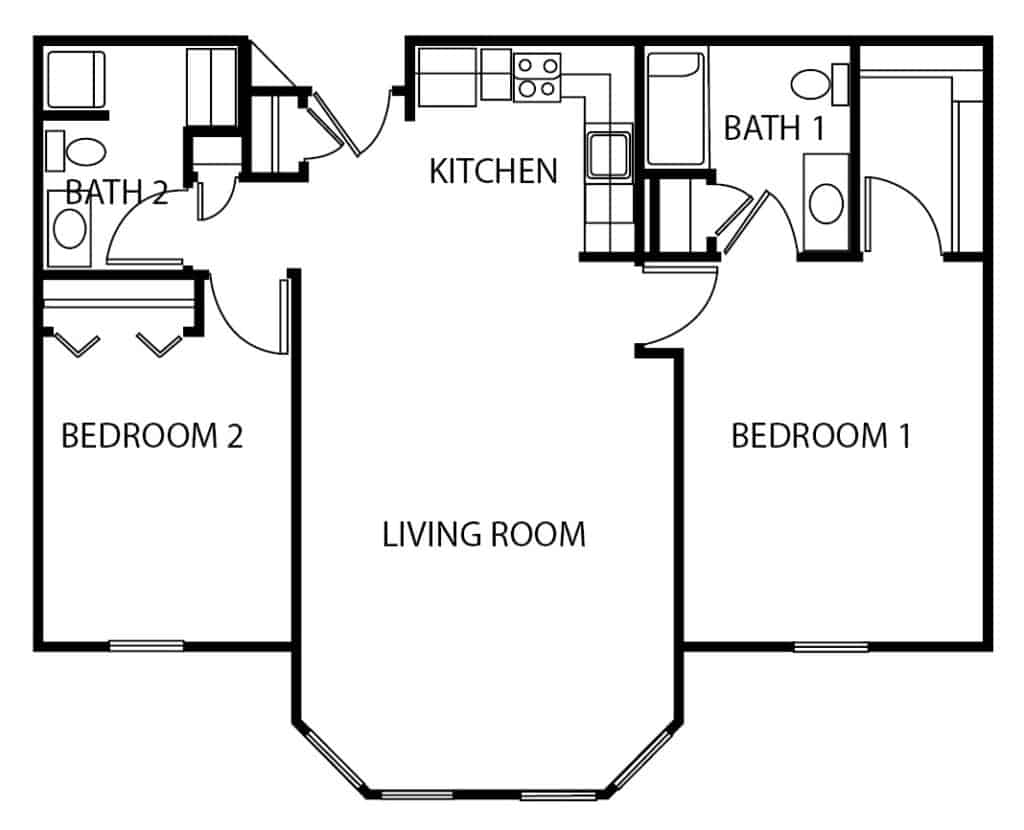 Assisted living two-bedroom, two-bathroom apartment floor plan in Rochester, Indiana.