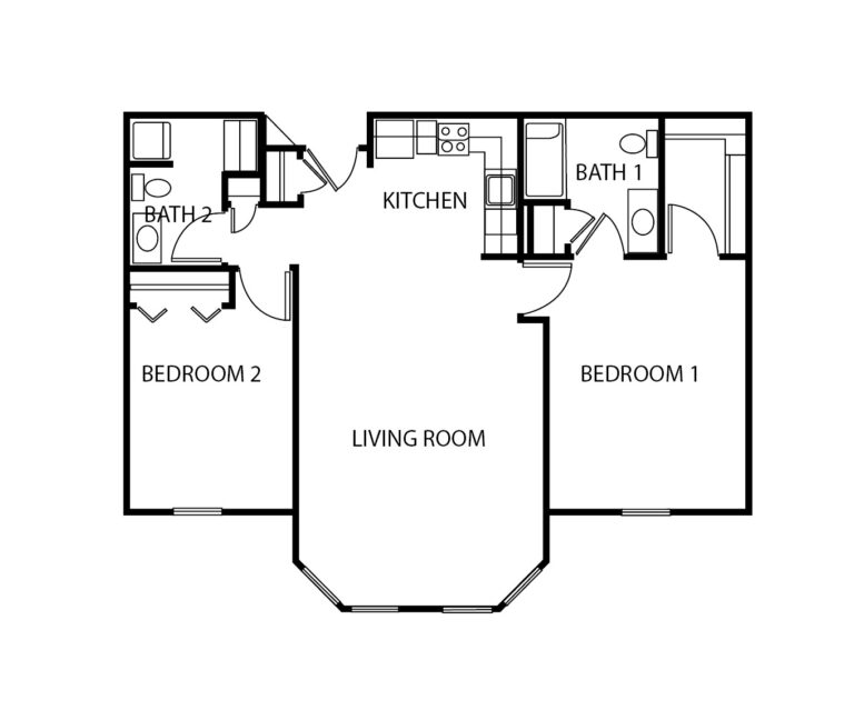 Two-bedroom apartment floorplan with living room, two bathrooms and kitchen at a senior living community in Rochester, Indiana.