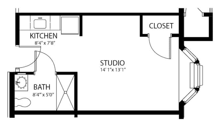 Memory care studio apartment floor plan in Williamsville, New York.