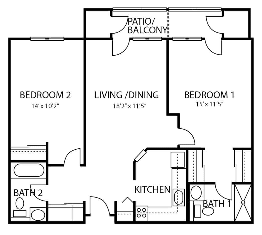Independent living two-bed, two-bath apartment floor plan in Williamsville, New York.