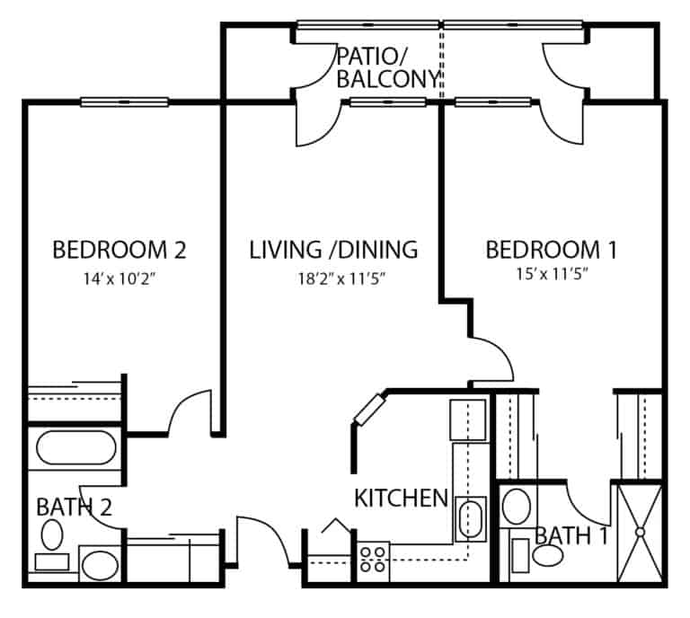 Independent living two-bed, two-bath apartment floor plan in Williamsville, New York.