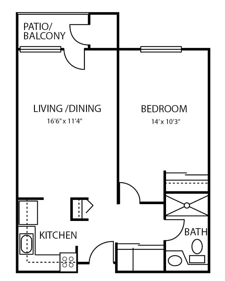 Independent living, assisted living and memory care one-bedroom, one-bathroom apartment floor plan in Williamsville, New York.