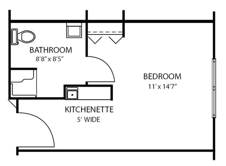 Assisted living studio apartment floor plan in Maple Grove, Minnesota.