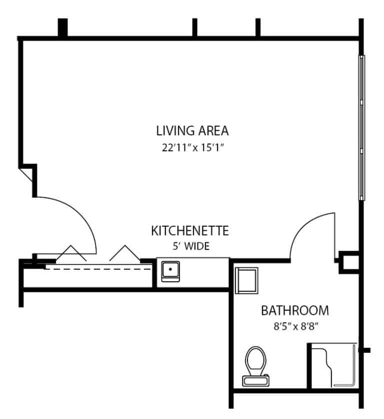 Assisted living studio apartment floor plan in Maple Grove, Minnesota.