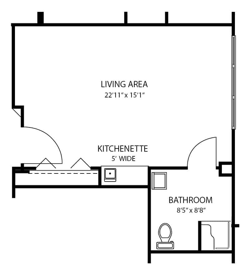 Assisted living studio apartment floor plan in Maple Grove, Minnesota.