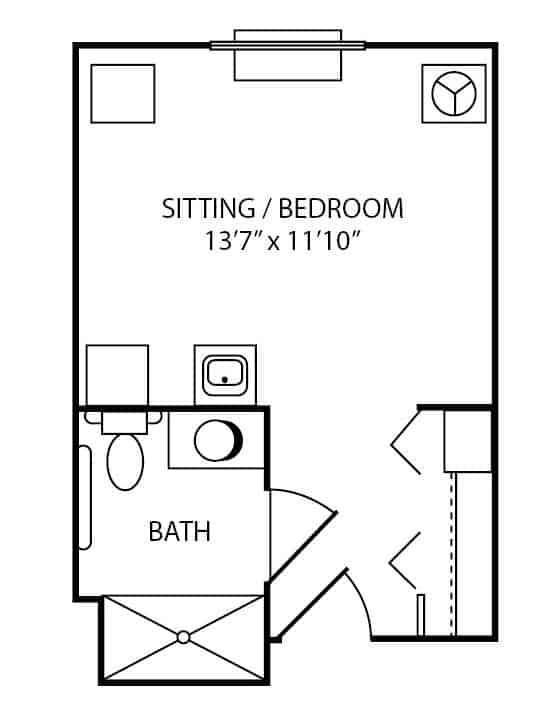 Assisted living studio apartment floor plan in Greencastle, Indiana.