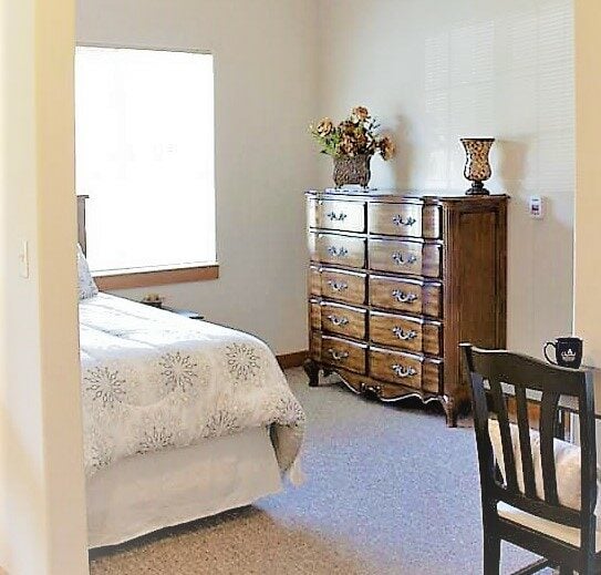 Senior apartment bedroom at a senior living community in Wisconsin Rapids, Wisconsin.