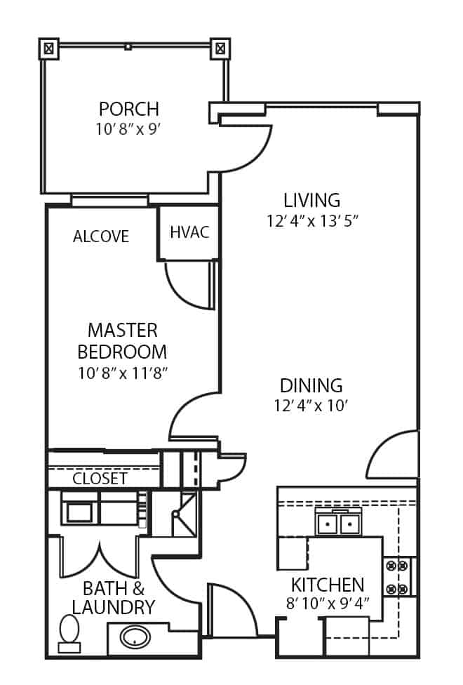 Assisted living one-bedroom apartment floor plan in Green Bay, Wisconsin.