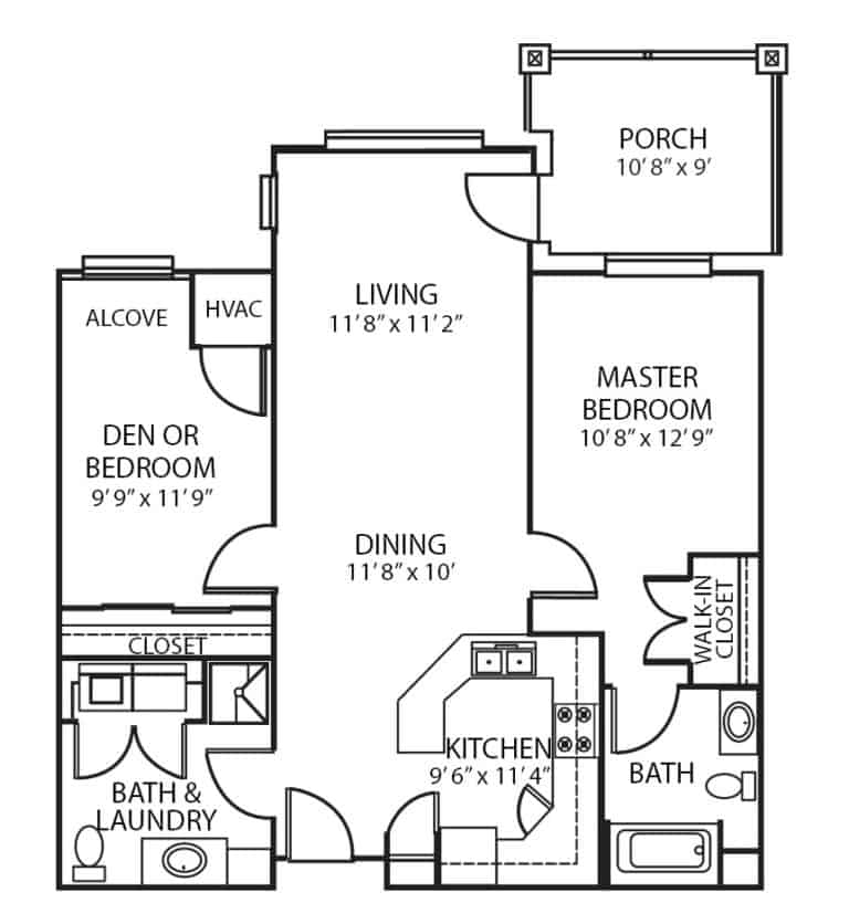 Assisted living two-bedroom, two-bathroom apartment floor plan in Green Bay, Wisconsin.