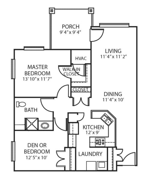 Assisted living two-bedroom, two-bathroom apartment floor plan in Green Bay, Wisconsin.