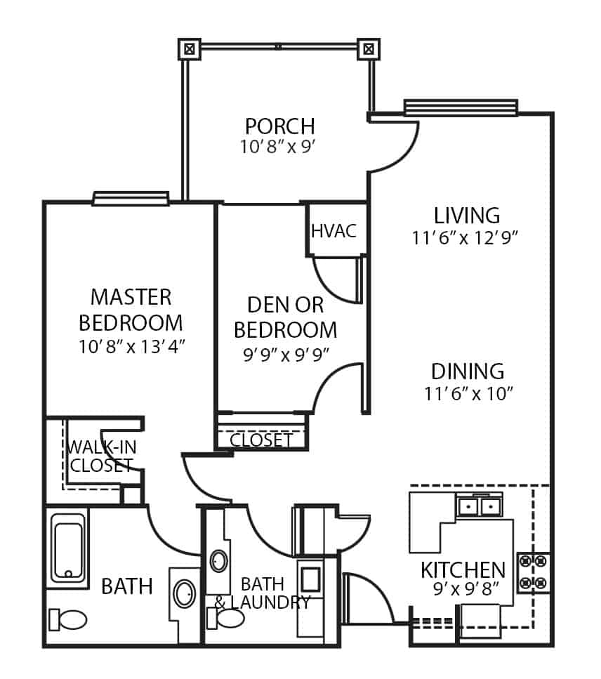 Assisted living two-bedroom, two-bathroom apartment floor plan in Green Bay, Wisconsin.