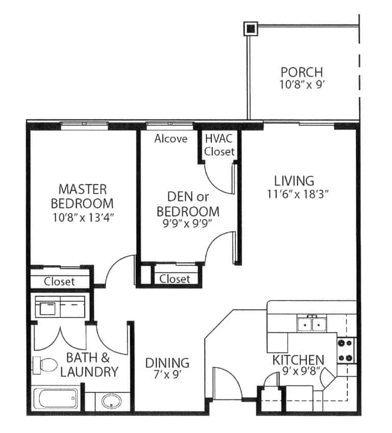 A two-bedroom assisted living apartment floor plan in Green Bay, Wisconsin.